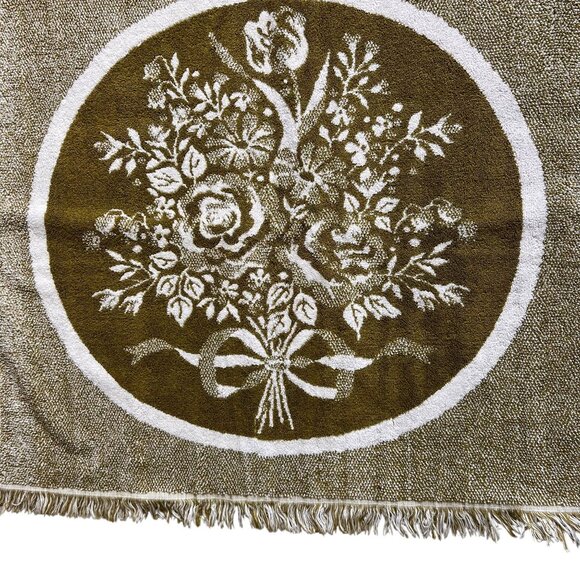 Sears Bath Towels USA Set of 2 MCM 70s Green Sculpted Floral Tapestry Fringe - Picture 6 of 13
